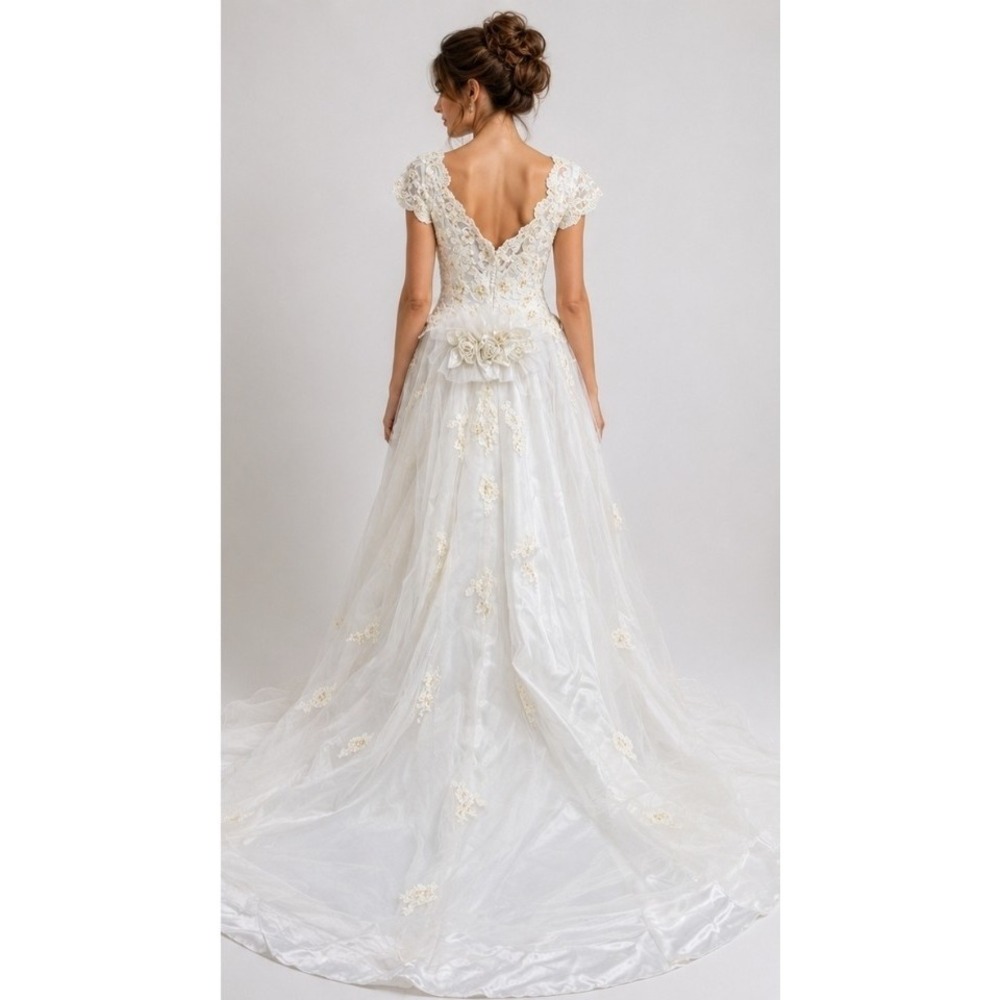 Princess Ball Gown Wedding Dress Sz 16 Faux Pearl Lace Applique Off Shoulder D30 - Picture 2 of 11